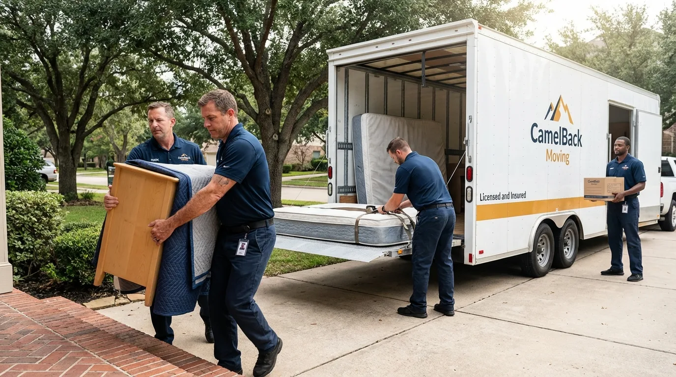 Crew loading residential truck for cross-state move from Stanton, CA