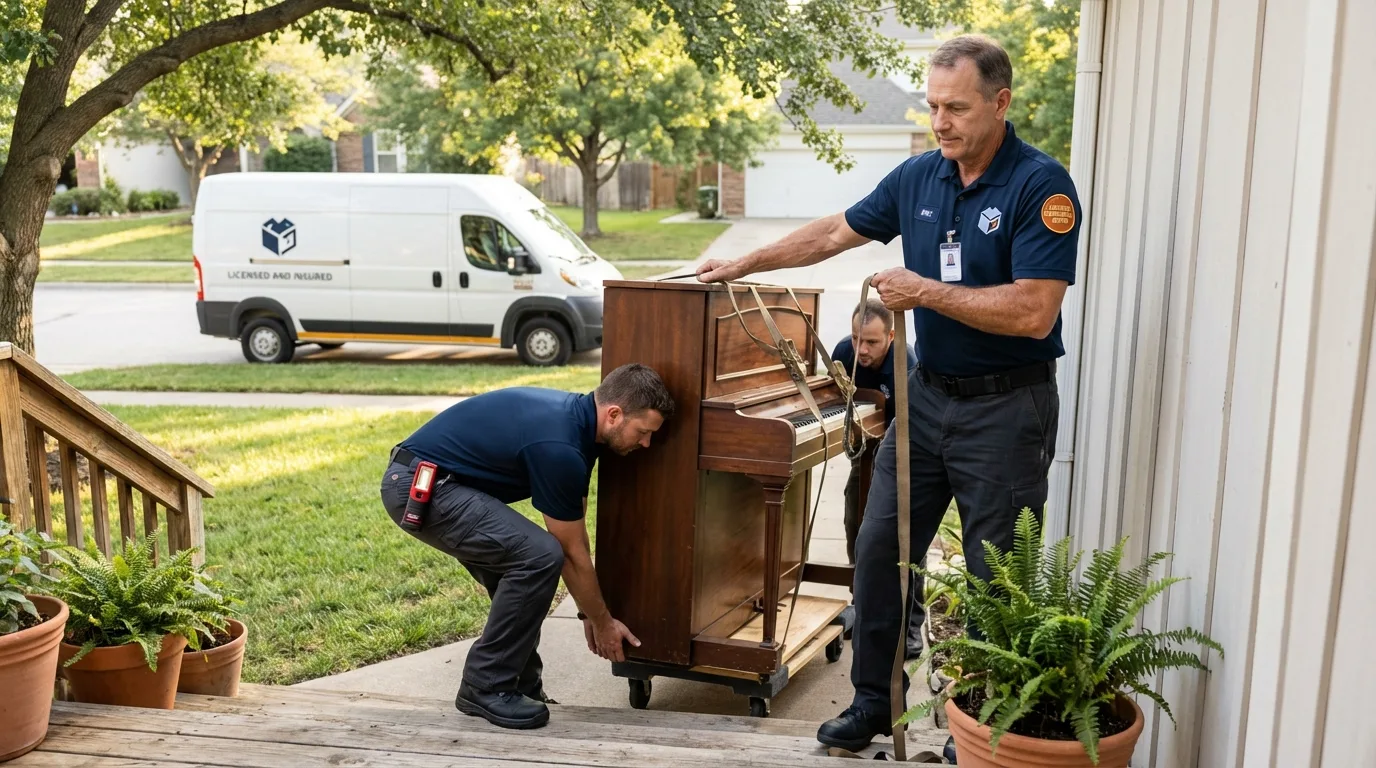 Licensed piano movers securing grand piano in Stanton, CA