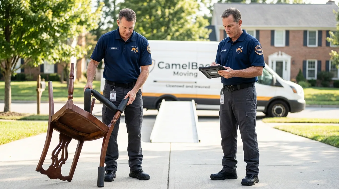 Movers inspecting furniture for damage prevention before loading in Stanton, CA