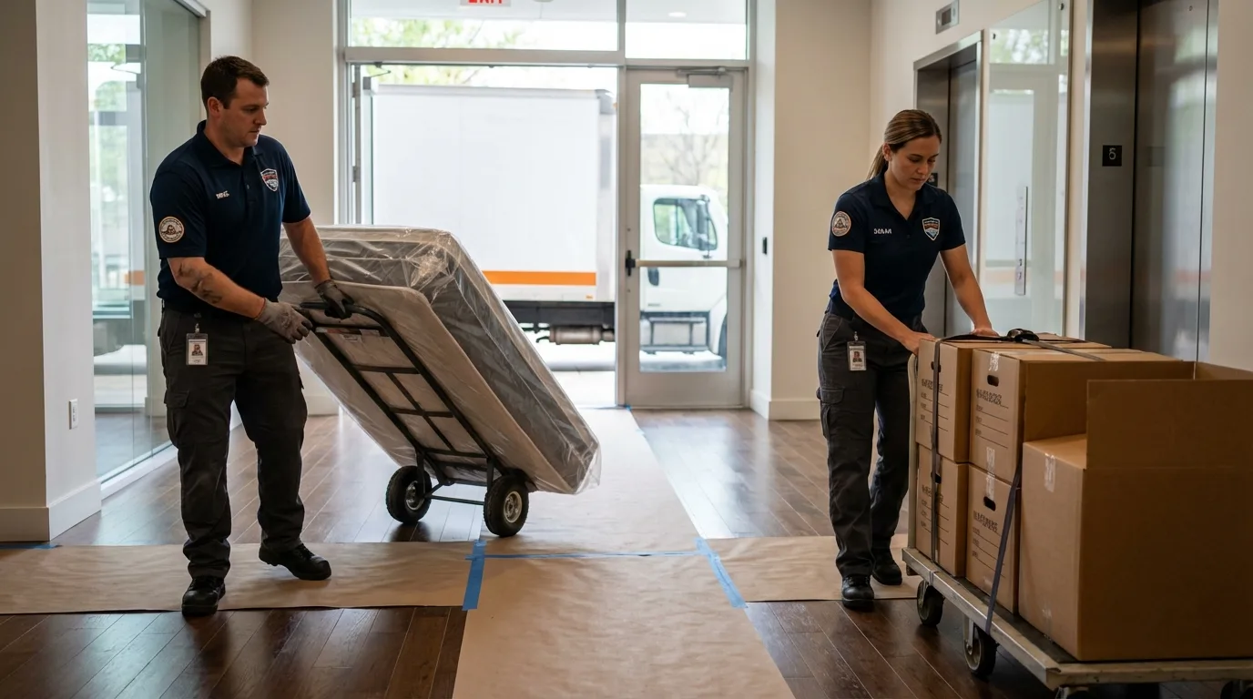 Professional apartment movers loading elevator in Stanton, CA
