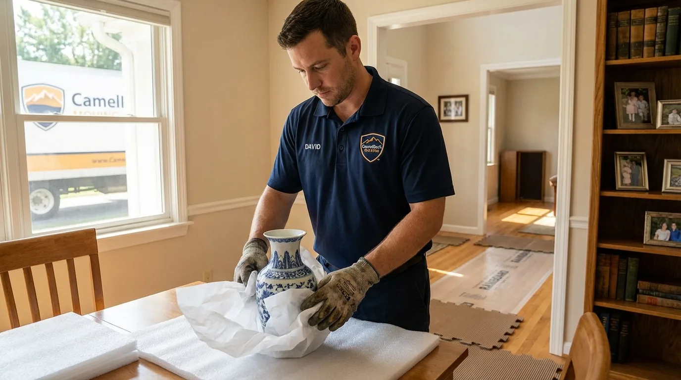 Professional crew carefully wrapping antique vase for senior downsizing move in Stanton, CA